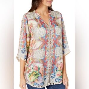Johnny Was Blush Button-Down Rayon Blouse Top, Multi Color, Women’s Size  M